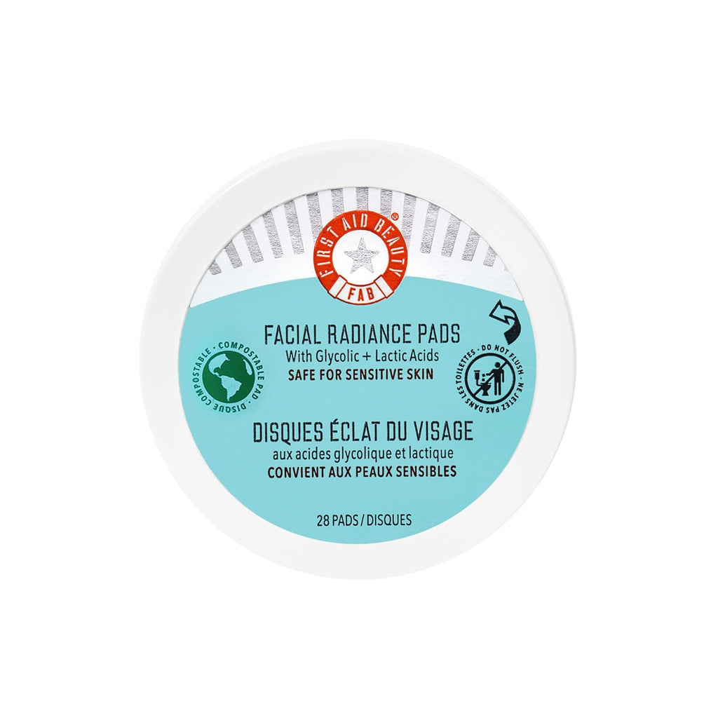 First Aid Beauty facial radiance pads with glycolic lactic acids daily exfoliating pads for sensitive skin compostable one-step makeup prep 28 count