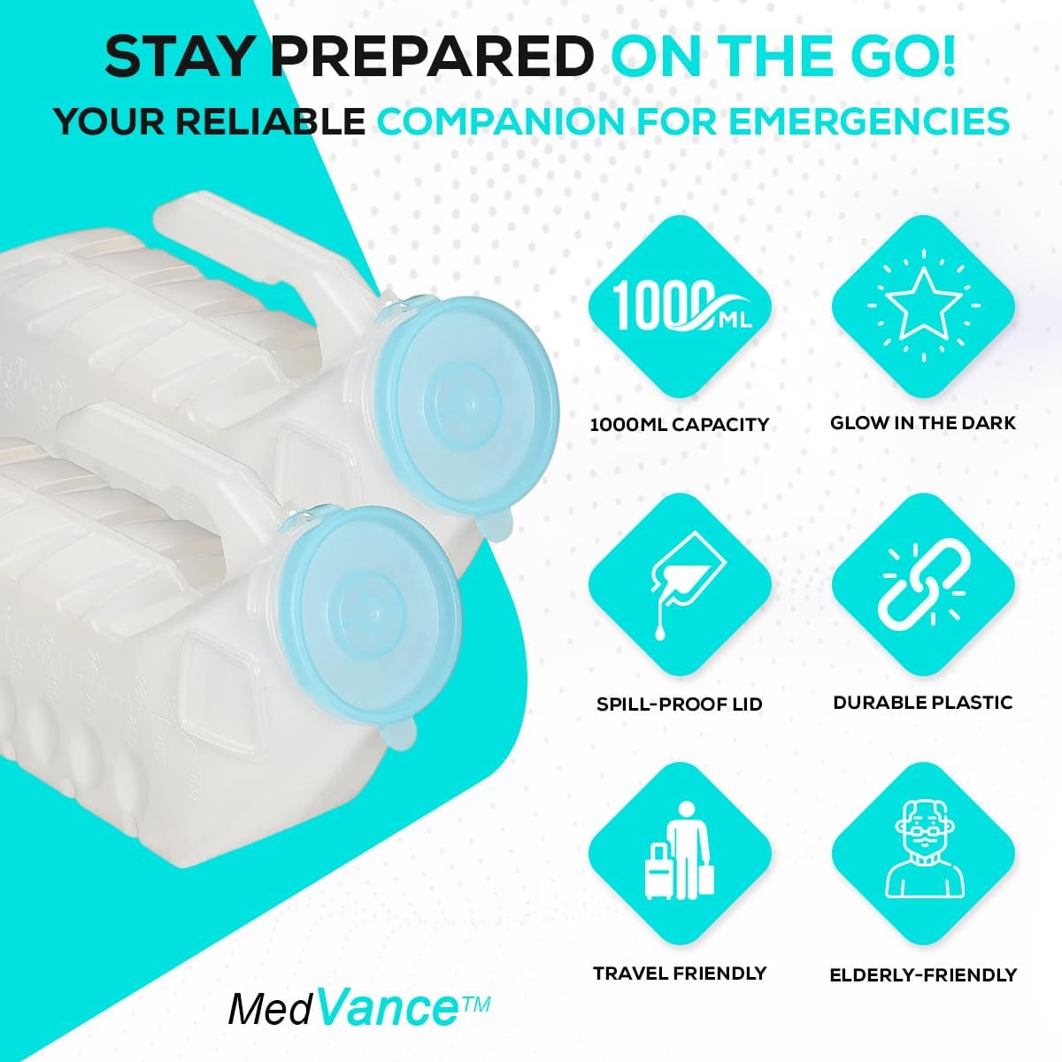 MedVance 1000ml spill-proof portable urinals for men, 2 pack with glow in dark and leak-proof lid