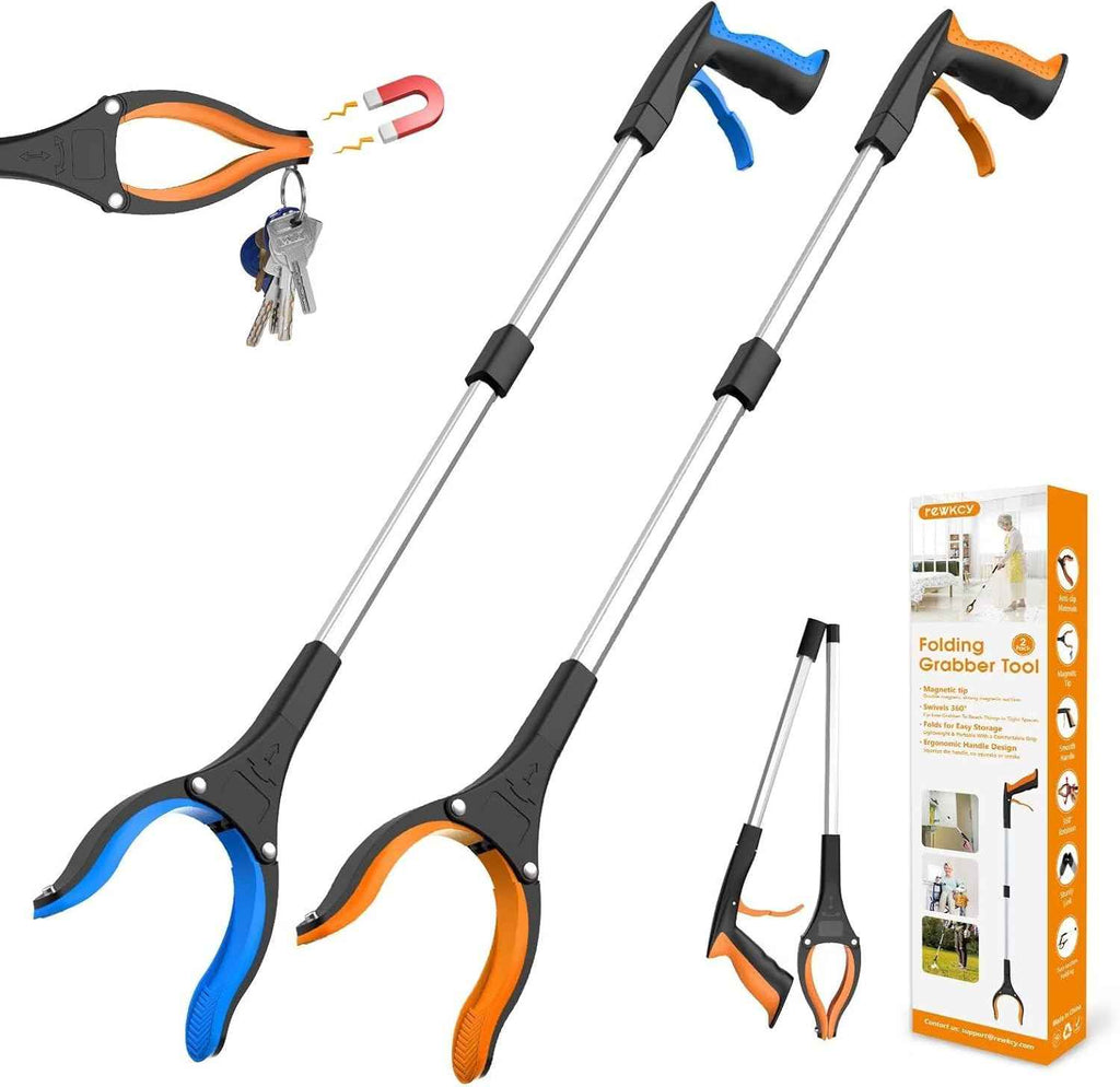 32" 2-pack grabber reacher tool with 360° rotating jaw & magnet, foldable, durable, for seniors and limited mobility