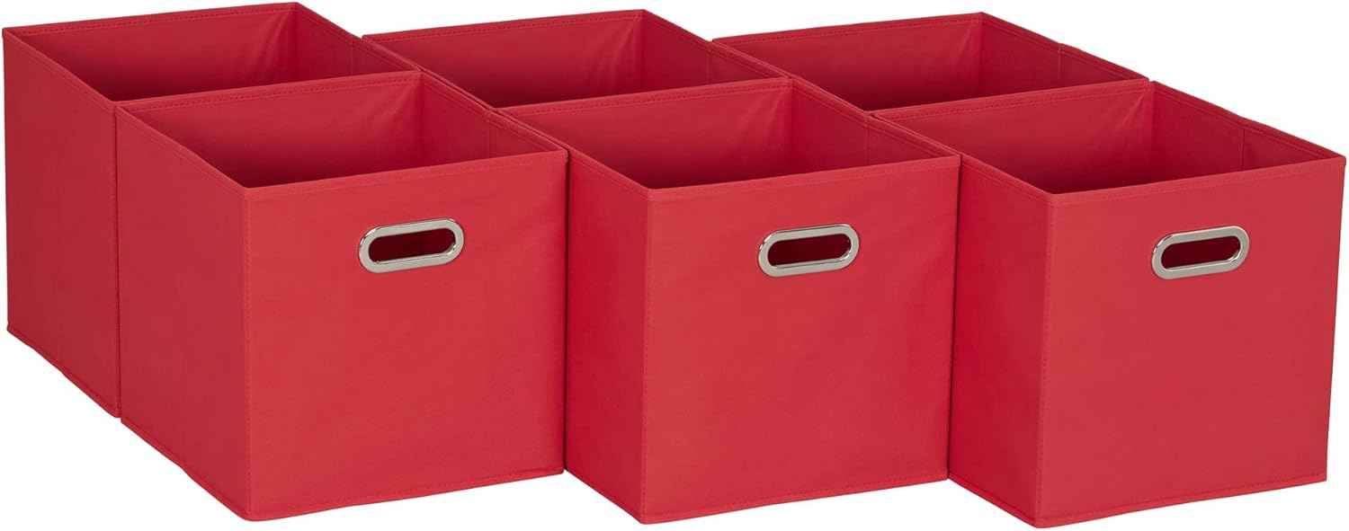 Household Essentials Foldable Fabric Storage Bins 6 Piece Set, Strong Poly-Woven Fabric, Sturdy Chipboard Sides, Grommet Front Handle, Stackable and Foldable, Classic Design, Black