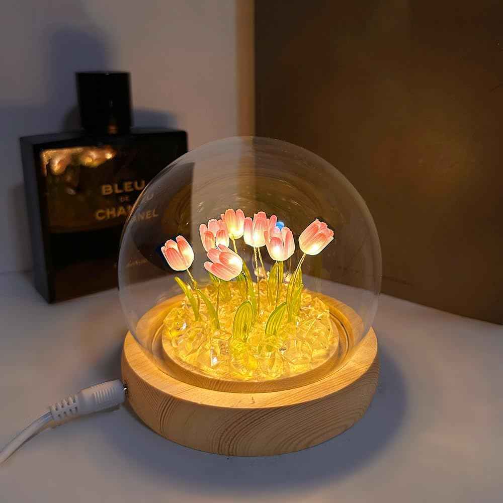 Flower night light with 10 led tulip, 3.93 inch glass cover, wooden base and usb plug for home decor