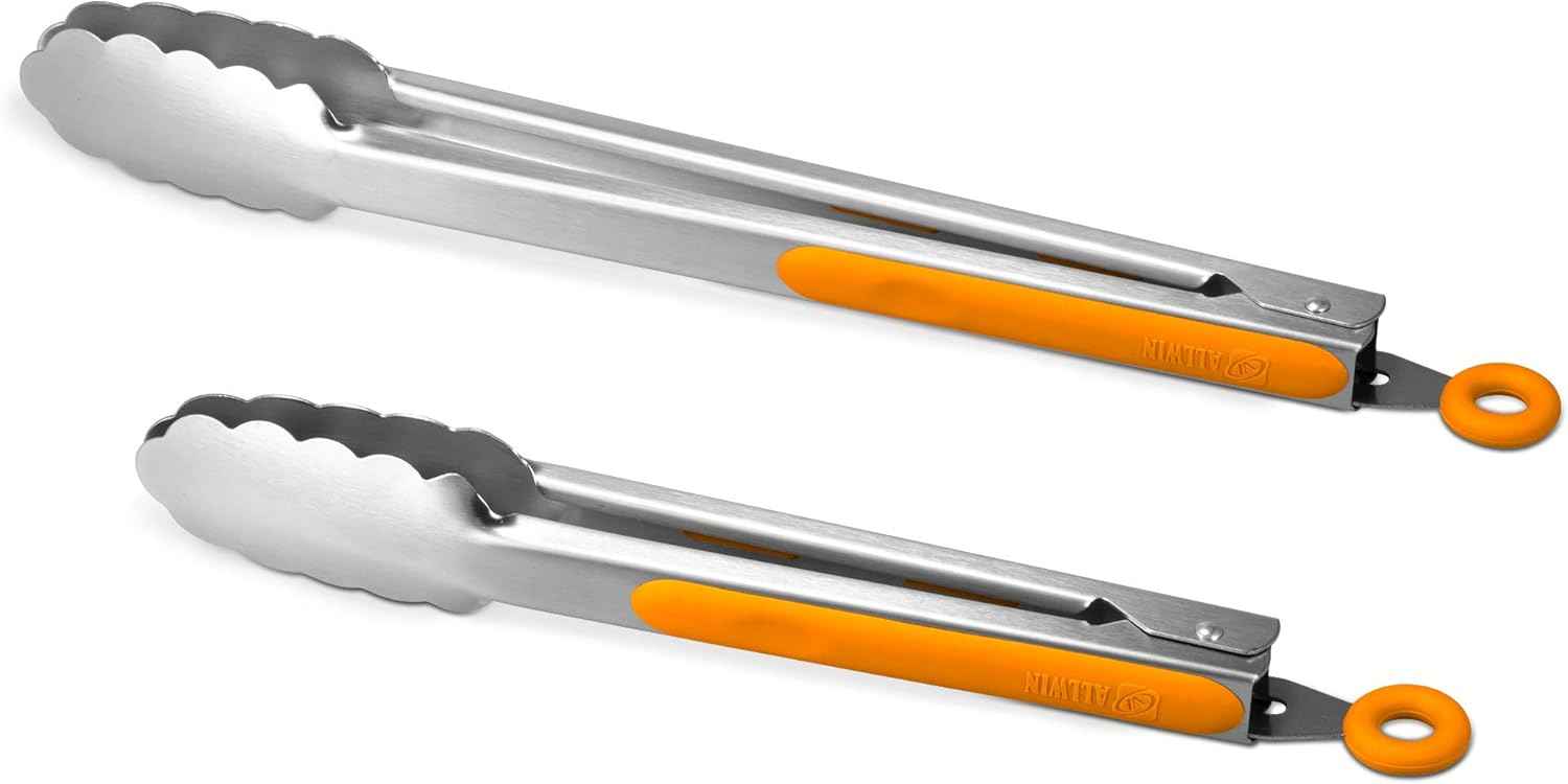 304 Stainless Steel Kitchen Cooking Tongs, 9" and 12" Set of 2 Sturdy Grilling Barbeque Brushed Locking Food Tongs with Ergonomic Grip, Black