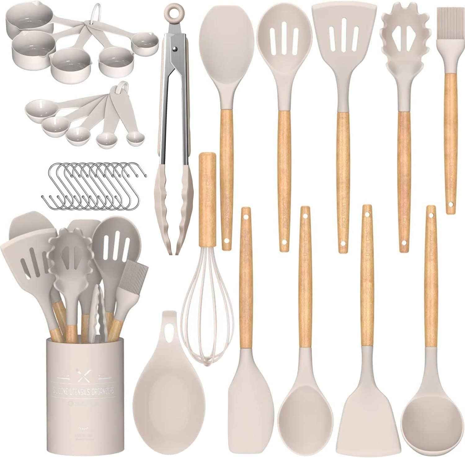 Umite Chef 33 Pcs Non-Stick Silicone Cooking Utensils Set with Holder, Wooden Handle, Silicone Kitchen Gadgets Utensil Set