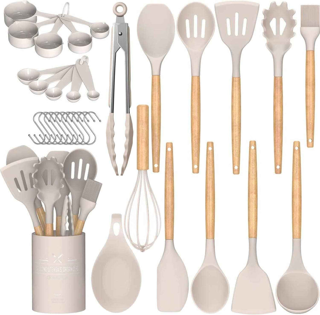 Umite Chef 33 Pcs Non-Stick Silicone Cooking Utensils Set with Holder, Wooden Handle, Silicone Kitchen Gadgets Utensil Set