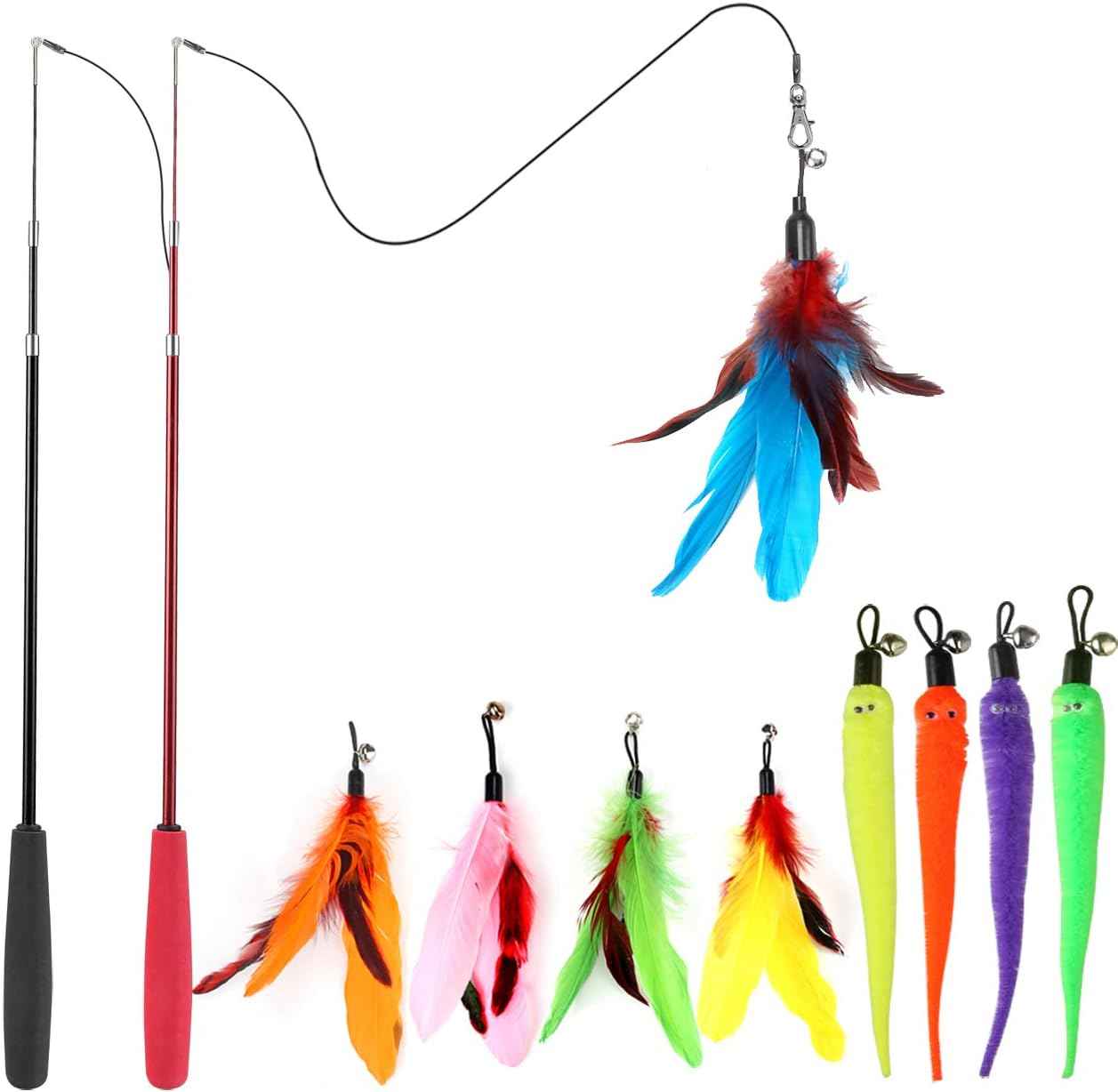 meohui 2pcs retractable cat fishing pole toy set with 9pcs cat feather toys refills