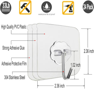 Jwxstore 24 Pack Self Adhesive Hooks Heavy Duty - 33lb Max, Transparent, Waterproof, Sticky Wall Hooks for Keys, Bathroom, Shower, Outdoor, Kitchen, Door, Home Improvement, Utility Hooks