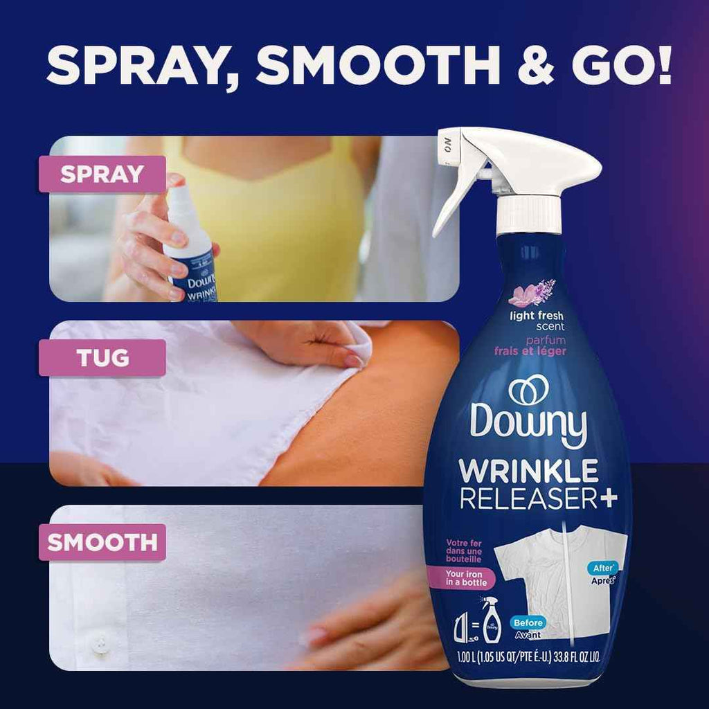 Downy Wrinkle Releaser Spray, Travel Size + 16.9 Oz Pack of 2, All-In-One Formula Removes Wrinkles, Static and Odors, Light Fresh Scent