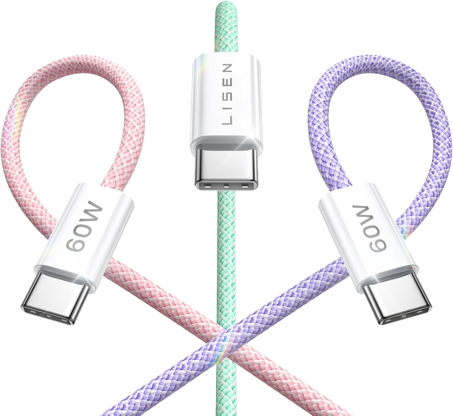 Lisen 5-pack usb c to c cable, 60w fast charging, 10ft for iphone 17, ipad, galaxy s25/s24