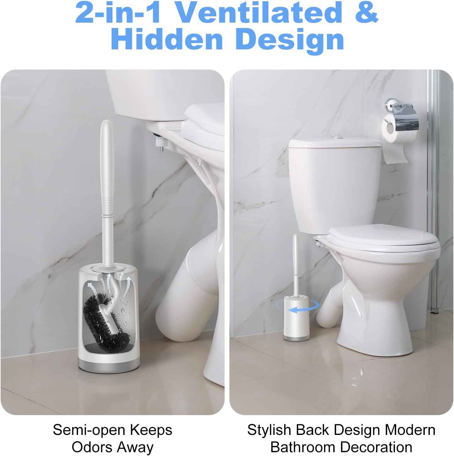 Hamitor Curved Toilet Brush Holder Set with Hidden Scrubber for Small RV Bathroom Accessories - White