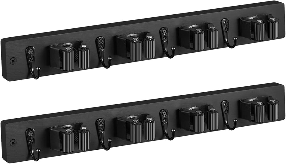 Mop and Broom Holder Wall Mount - Rustic Wood Broom Mop Hanger - Wall Mounted Garden Tool Rack Organizer for Closet Garage Laundry Room Kitchen Decor With 4 Slots & 4 Hooks - ShopUS
