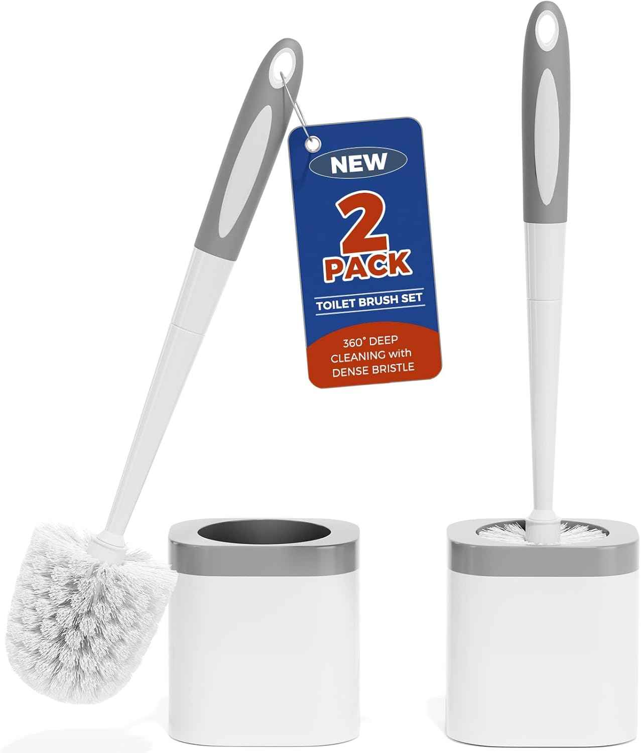 2-Pack Bathroom Toilet Brush Set with Holder, White - Durable Cleaning Bristles for Toilet Bowl