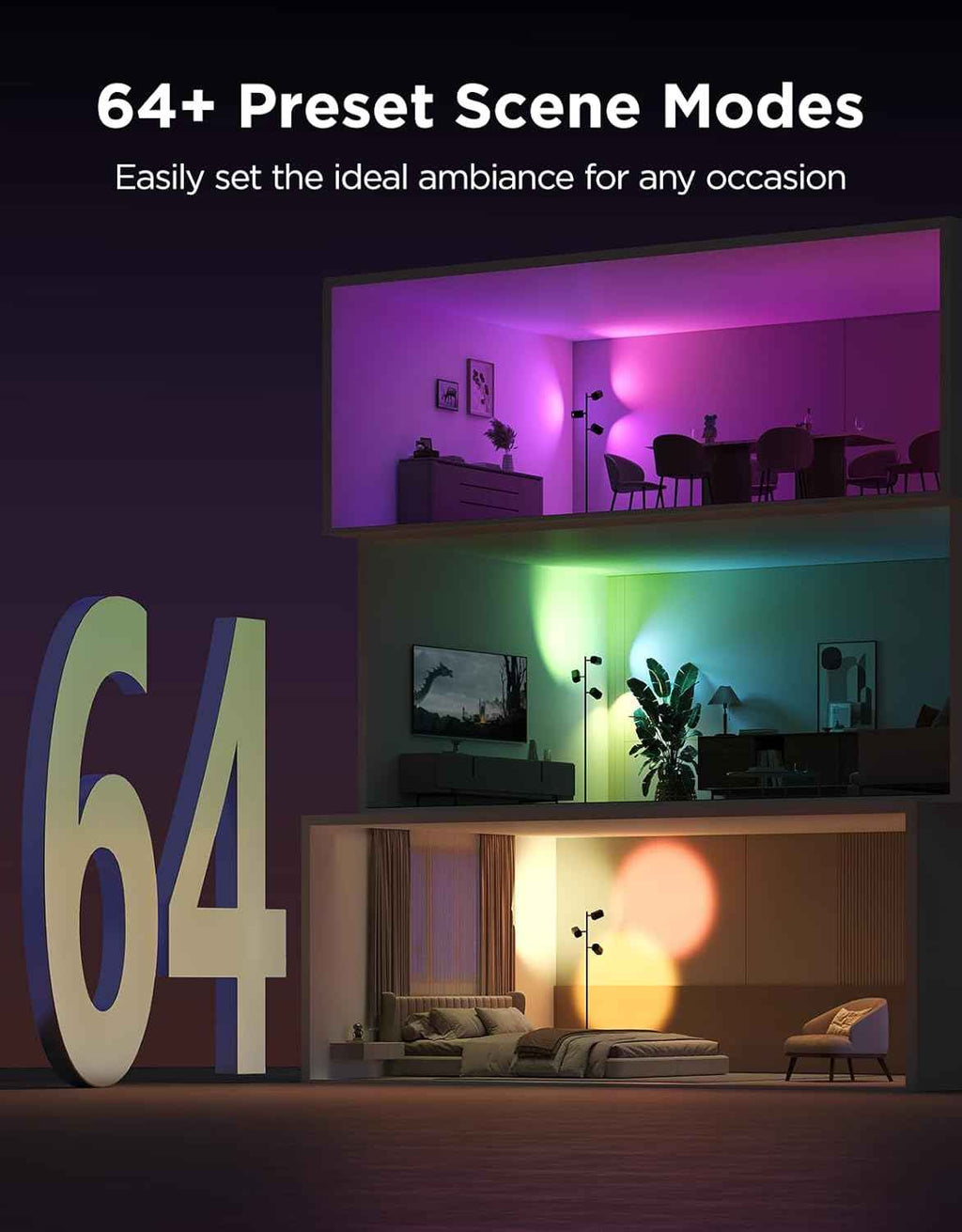 govee tree floor lamp with luminblend technology, 3 rotatable lights, standing lamp with 64 dynamic scenes, matter compatible