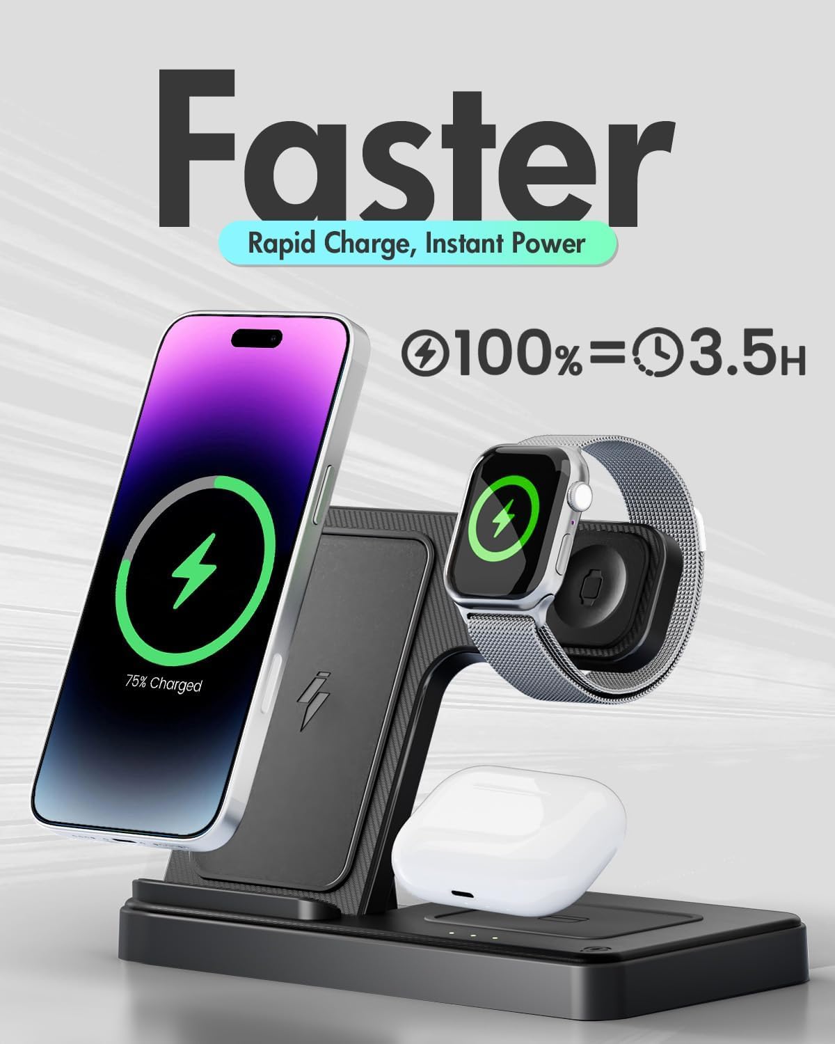 Wireless Charger iPhone Charging Station: 3 in 1 Charger Stand Multiple Devices for Apple - iPhone 16e 16 15 14 Pro Max 13 12 11 - Watch 10 9 8 7 6 5 4 3 2 SE and Ultra Series - Airpods 4 3 2 Pro - ShopUS
