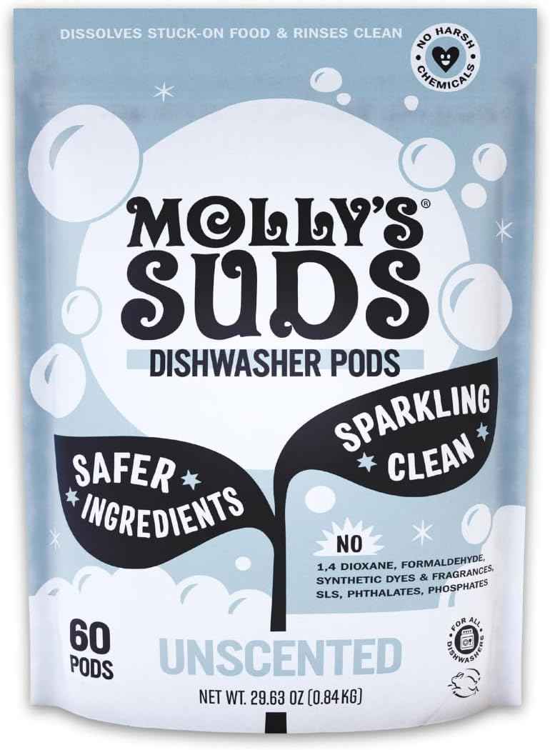Molly's Suds Unscented Dishwasher Pods: Grease-Cutting, Residue-Free Cleaning for Sparkling Dishes