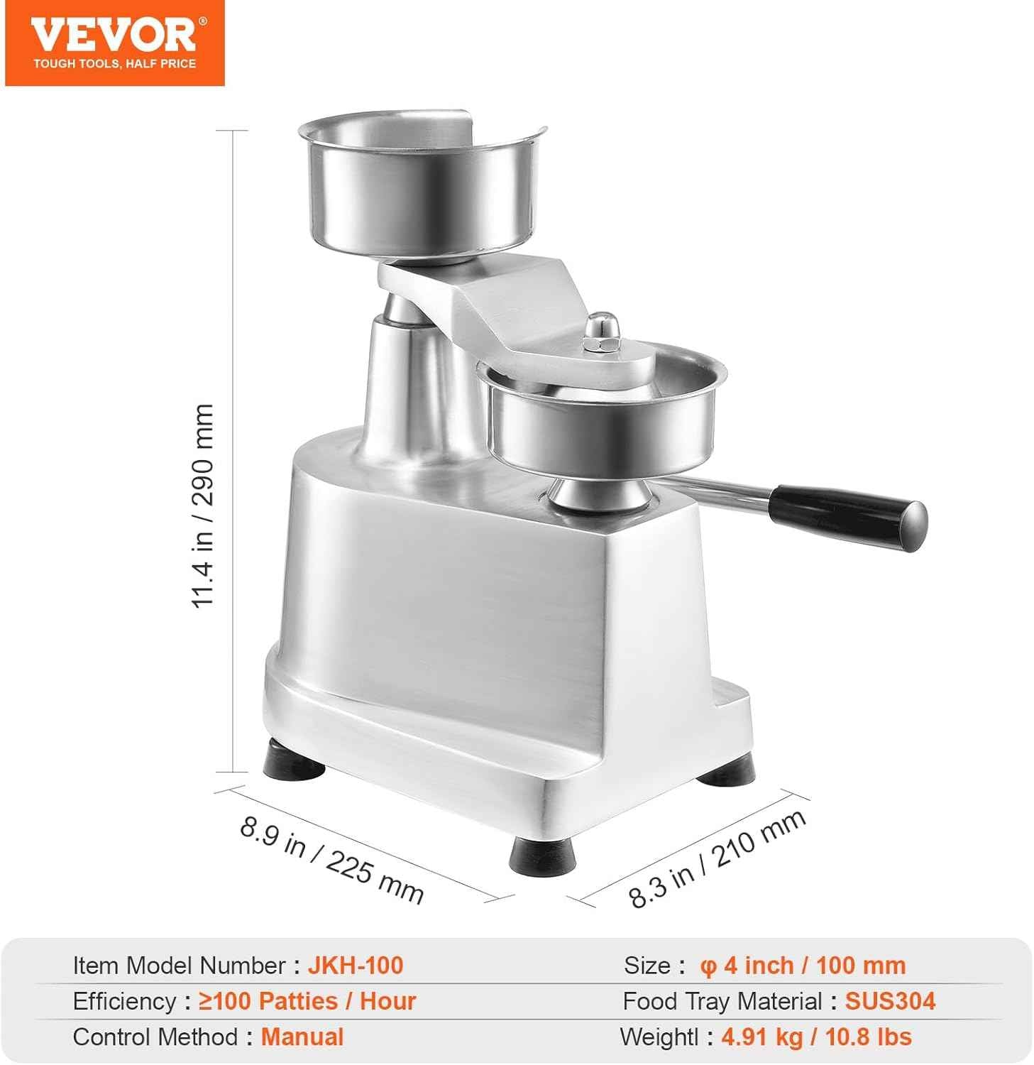 VEVOR 4inch Commercial Heavy Duty Stainless Steel Hamburger Patty Maker with 1000 Pcs Patty Papers