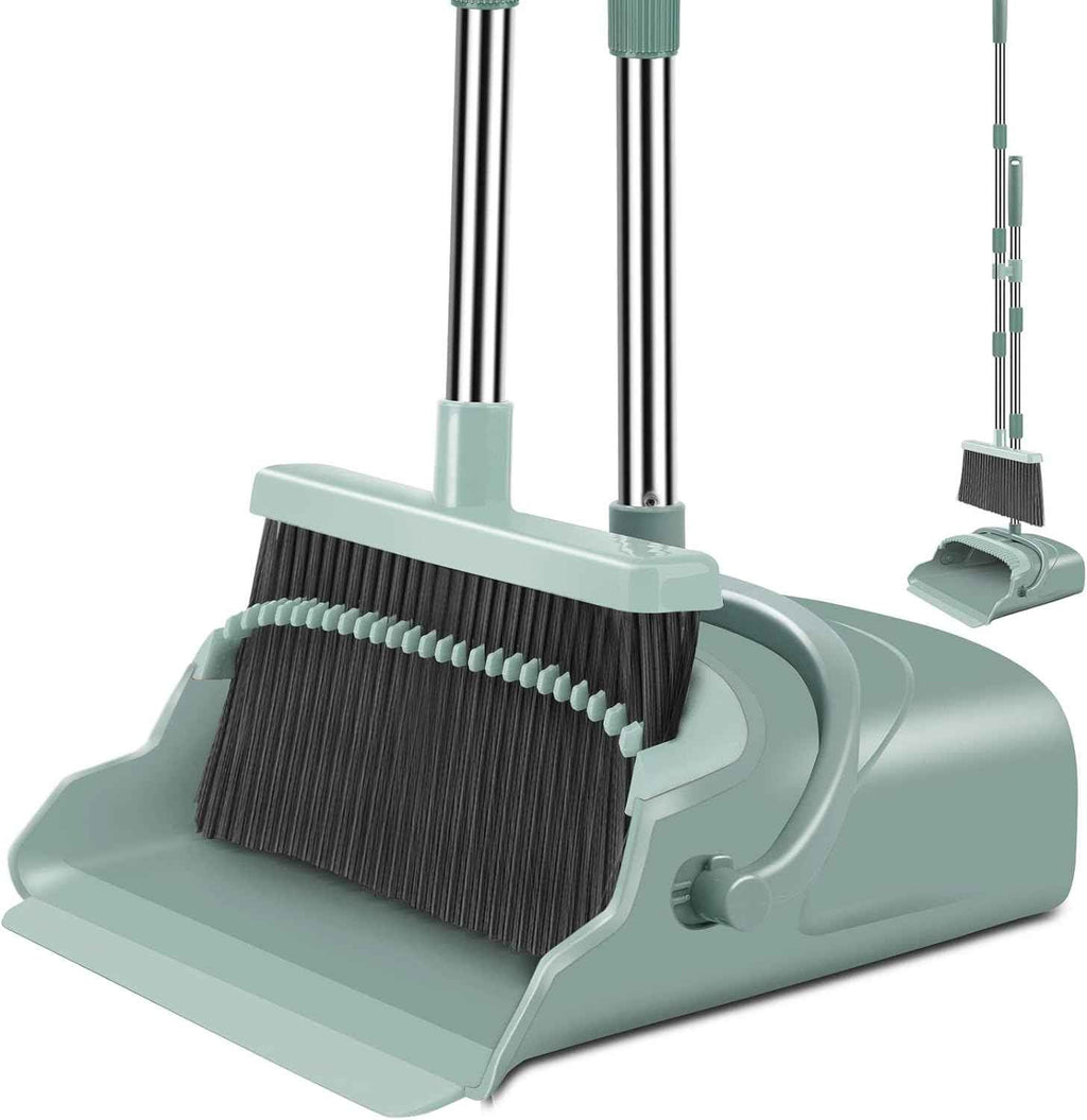 kelamayi Upgrade Broom and Dustpan Set, Self-Cleaning with Dustpan Teeth, Ideal for Dog Cat Pets Home Use, Super Long Handle Upright Stand Up Broom and Dustpan Set (Brown)