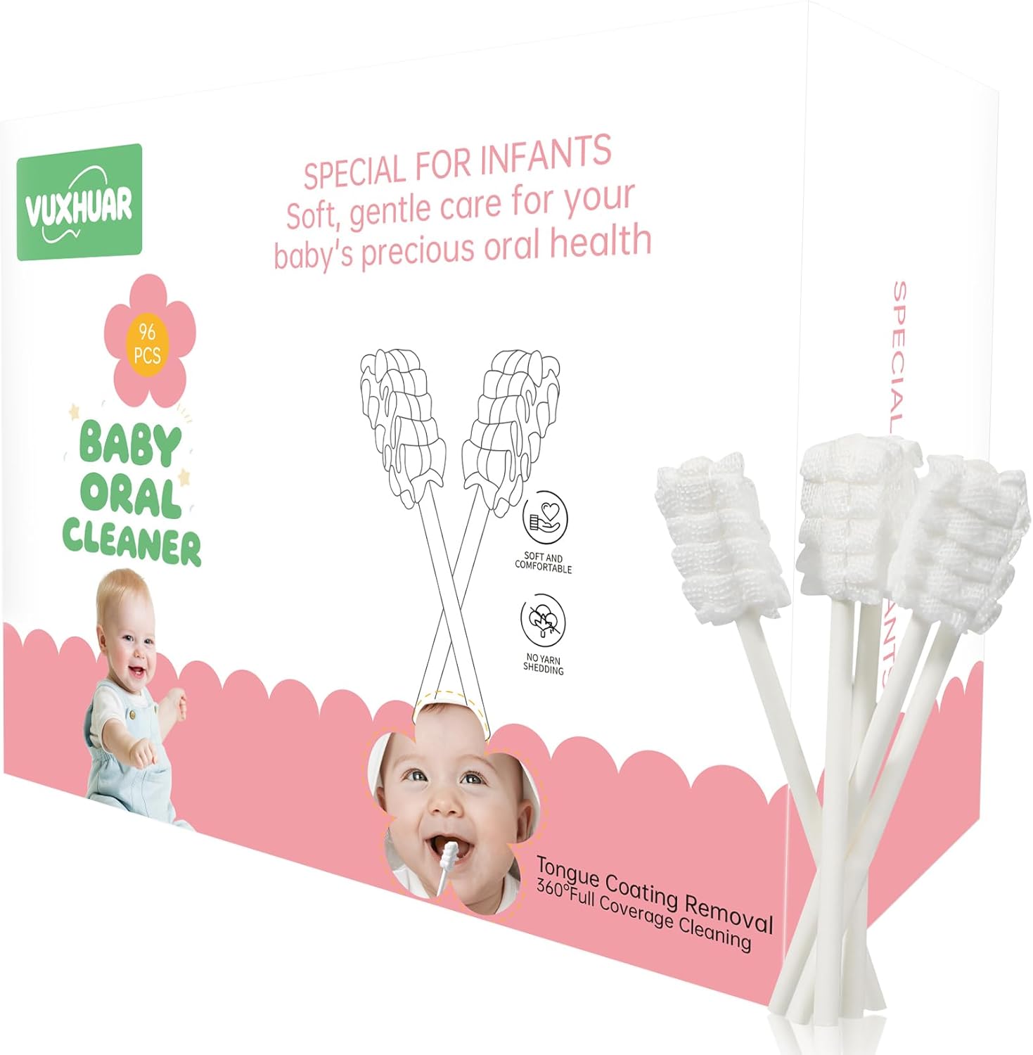 Baby VUXHUAR Tongue Cleaner, 48-Count, Soft Disposable Oral Care Gauze Swabs for 0-36 Months Newborns