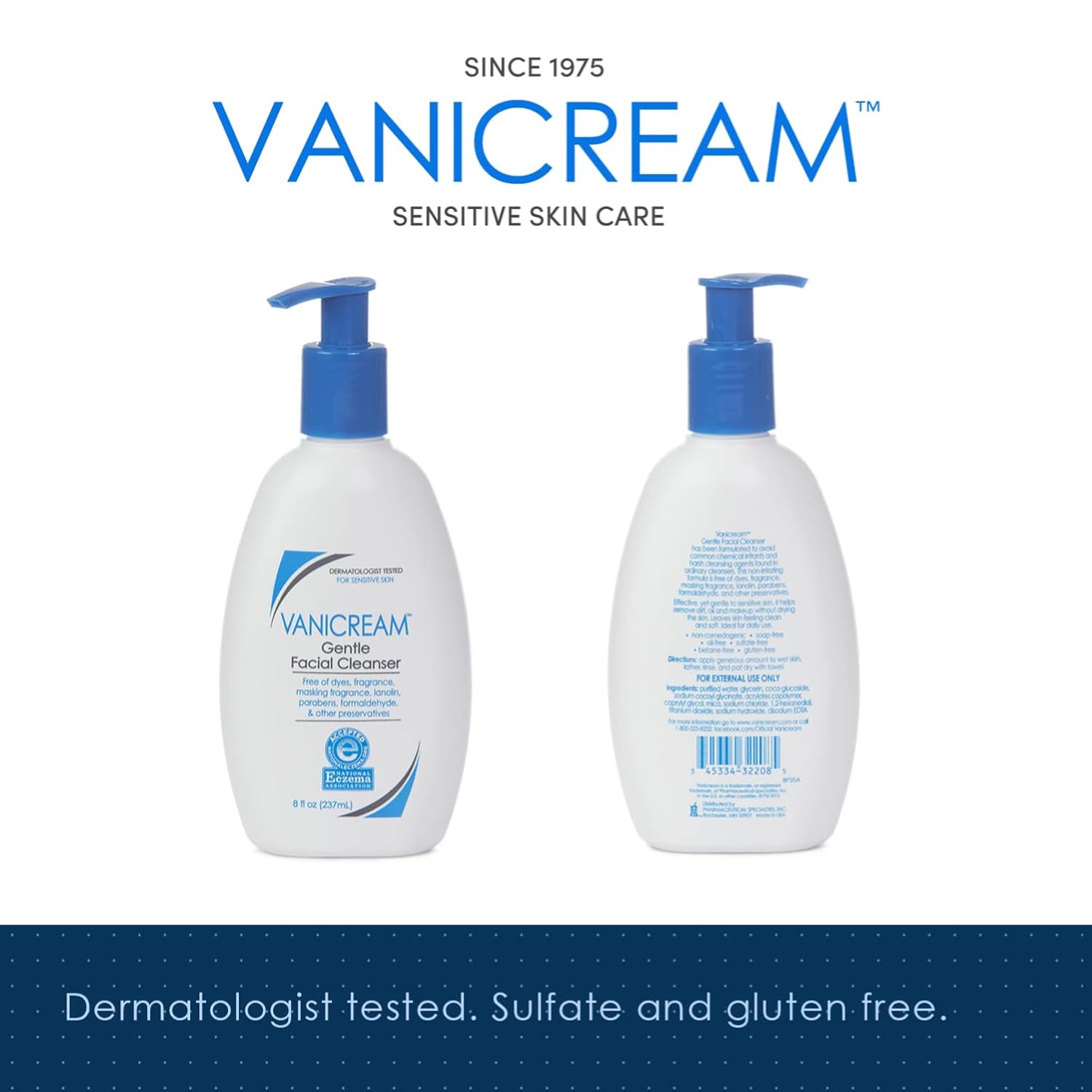 Vanicream gentle facial cleanser with pump dispenser, 8 fl oz, fragrance-free for sensitive skin