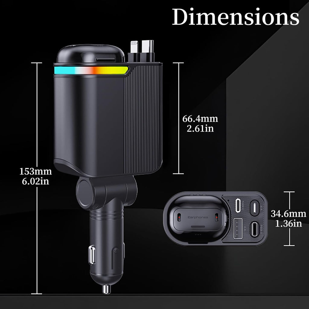 MLVOC 120W Fast Charging Car Charger with Earbuds, Retractable 4-in-1 USB-C & Lightning for iPhone & Android (Black) - ShopUS