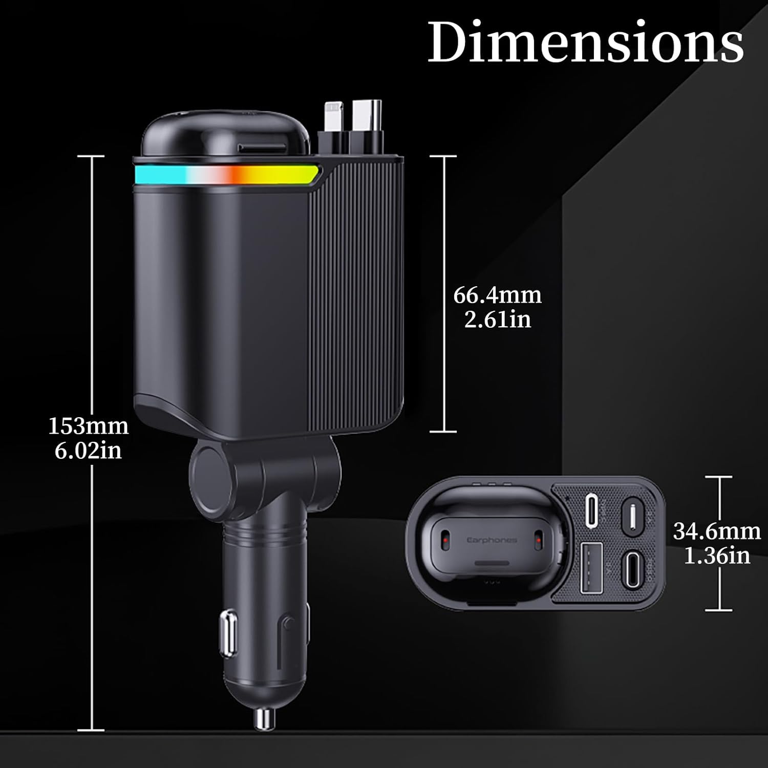 MLVOC 120W Fast Charging Car Charger with Earbuds, Retractable 4-in-1 USB-C & Lightning for iPhone & Android (Black) - ShopUS