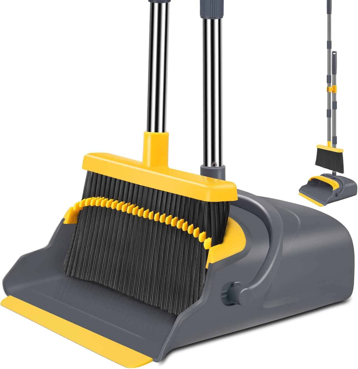 kelamayi Upgrade Broom and Dustpan Set, Self-Cleaning with Dustpan Teeth, Ideal for Dog Cat Pets Home Use, Super Long Handle Upright Stand Up Broom and Dustpan Set (Brown)