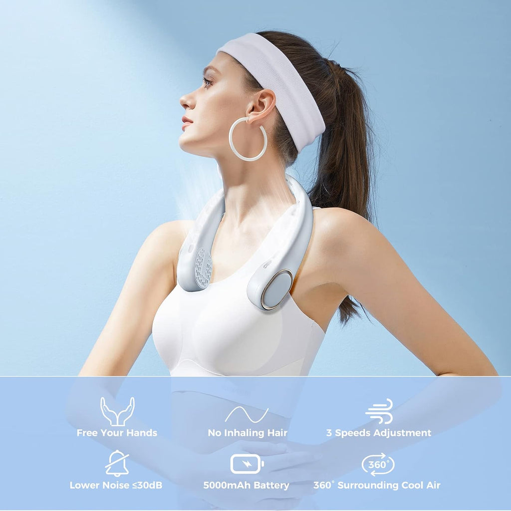 MFEESYOB Neck Fan, Neck Fans Portable Rechargeable, 5000mAh Battery Operated Bladeless Design with 3 Adjustable Speeds, Ultra-Quiet, 360° Faster Cooling, Suitable for Outdoor Sports, Travel, White