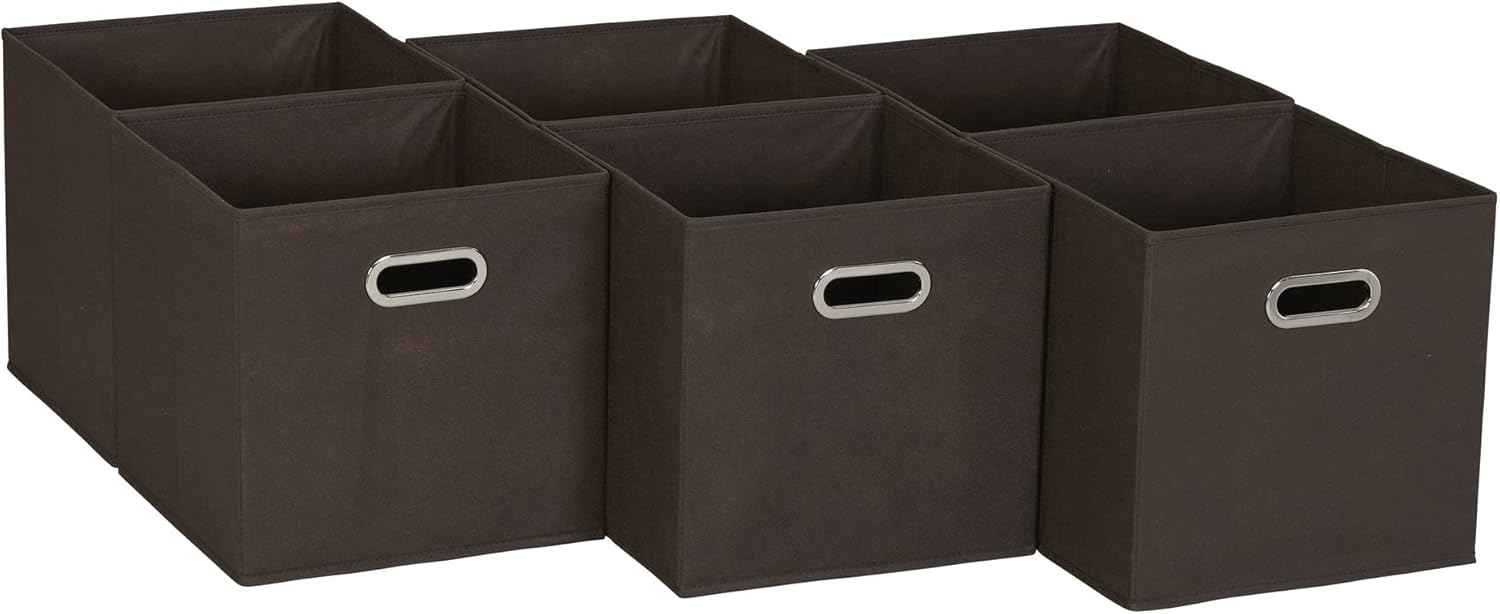 Household Essentials Foldable Fabric Storage Bins 6 Piece Set, Strong Poly-Woven Fabric, Sturdy Chipboard Sides, Grommet Front Handle, Stackable and Foldable, Classic Design, Black