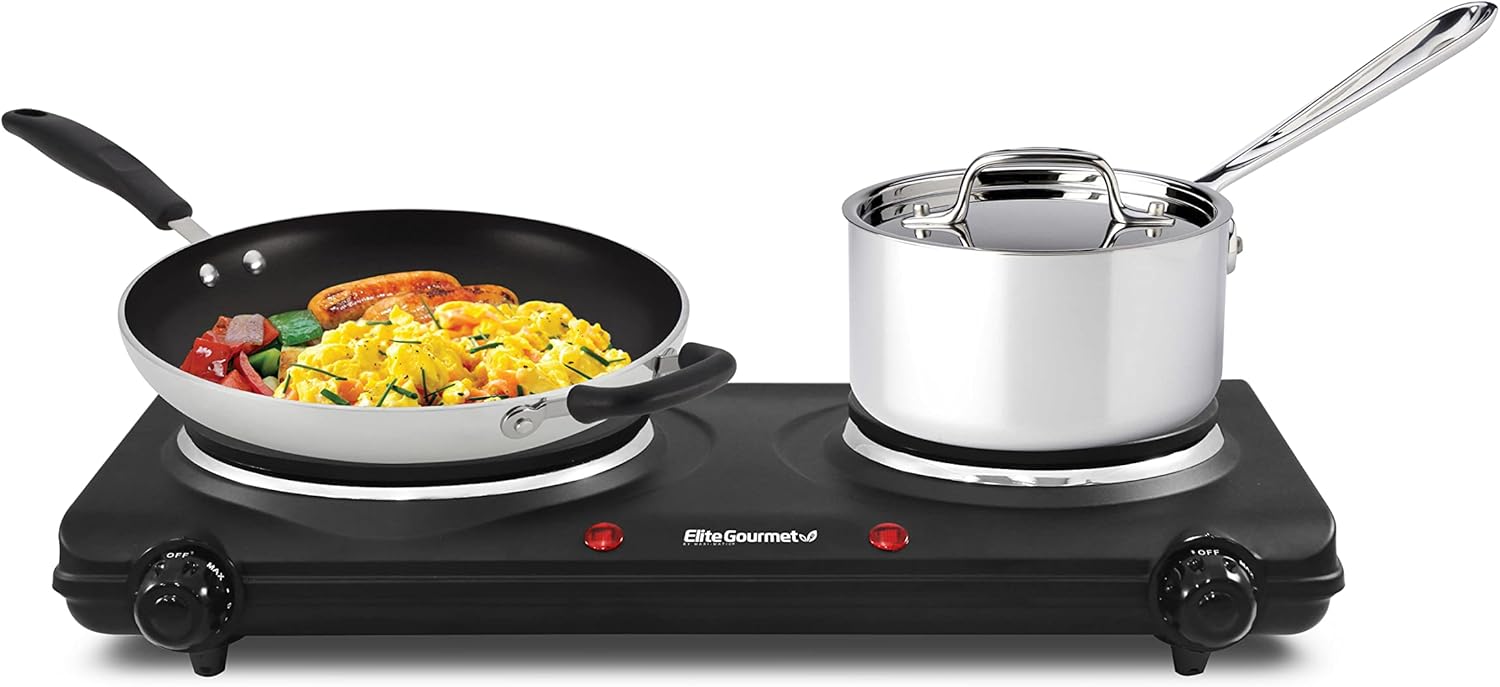 Elite Gourmet EDB-302BF Countertop Double Cast Iron Burner, 1500 Watts Electric Hot Plate, Temperature Controls, Power Indicator Lights, Easy to Clean, Black