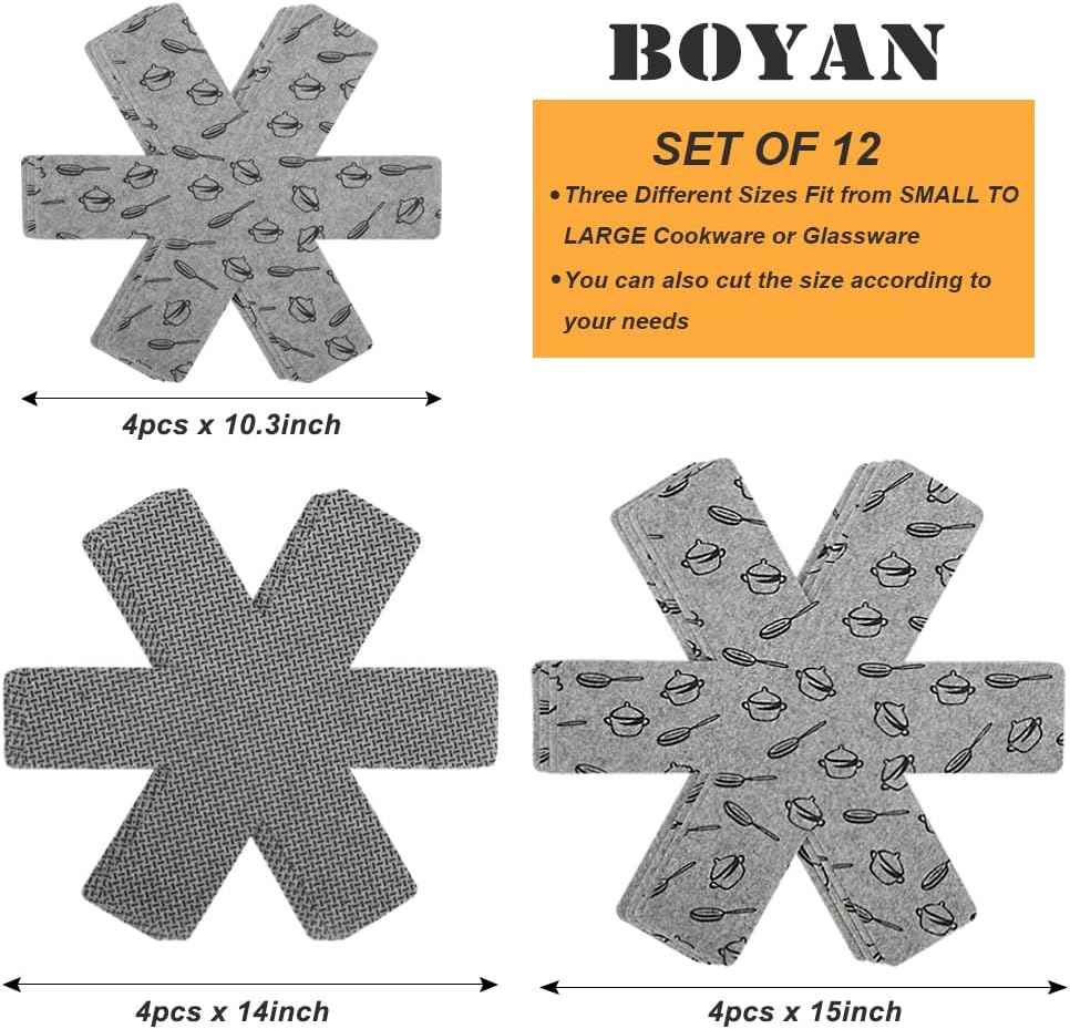 BOYAN Pot and Pan Protectors Set of 12, 3 Sizes, Cookware Protector Felt Pads for Anti-Slip Stacking and Scratching Prevention