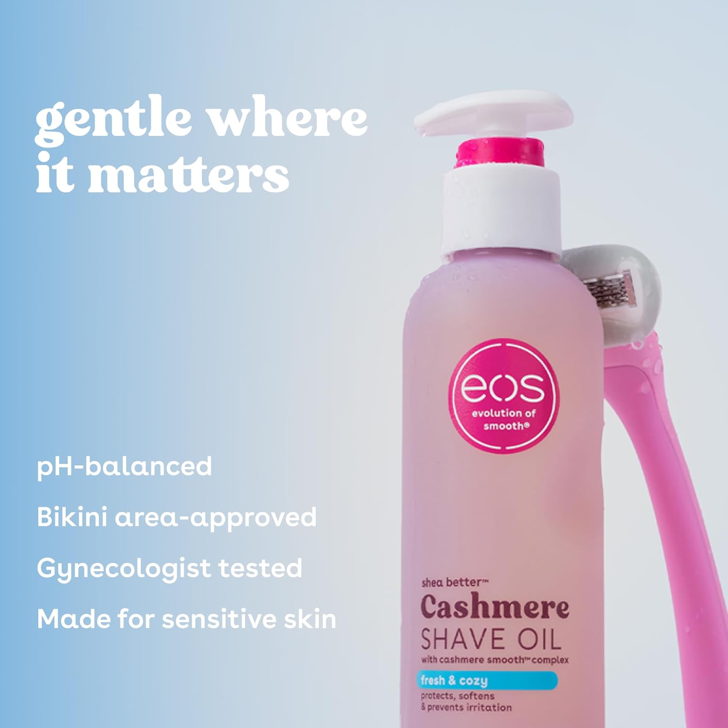 eos cashmere shave oil, 6 fl oz, shea butter, glycerin, vegan, fresh & cozy, razor burn prevention