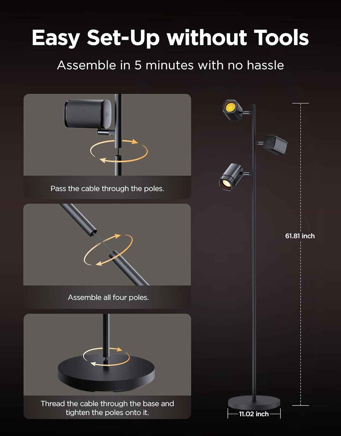 Govee Tree Floor Lamp Compatible with Matter, 3 Rotatable Lights with LuminBlend Technology, Standing Lamp with 64 Dynamic Scenes, Music Sync, Ideal Floor Lamp for Living Room, Bedroom, Office