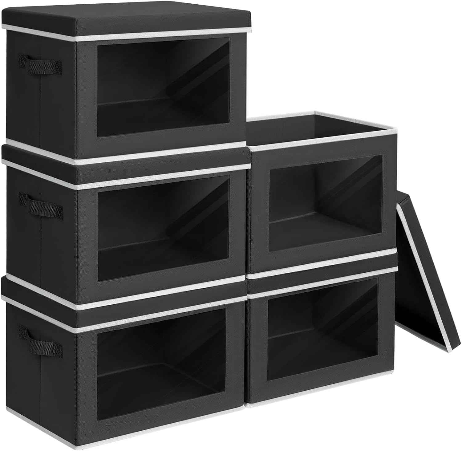 Storage Bins with Lids - Fabric Closet Storage Bins with Window, Collapsible Baskets for Shelves 4 Pack, Home Decorative Boxes for Clothes, Closet, Office, Grey