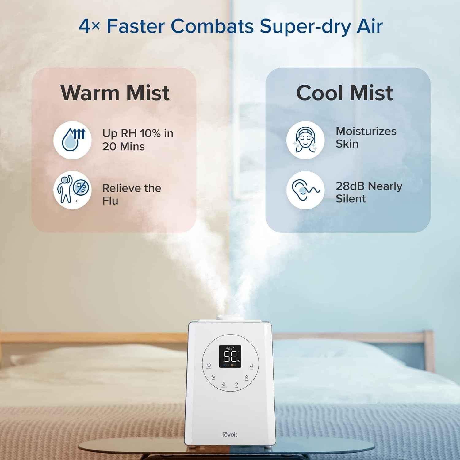 levoit lv600s warm cool mist humidifier for home bedroom large room, 6l coverage, easy top fill, app voice control