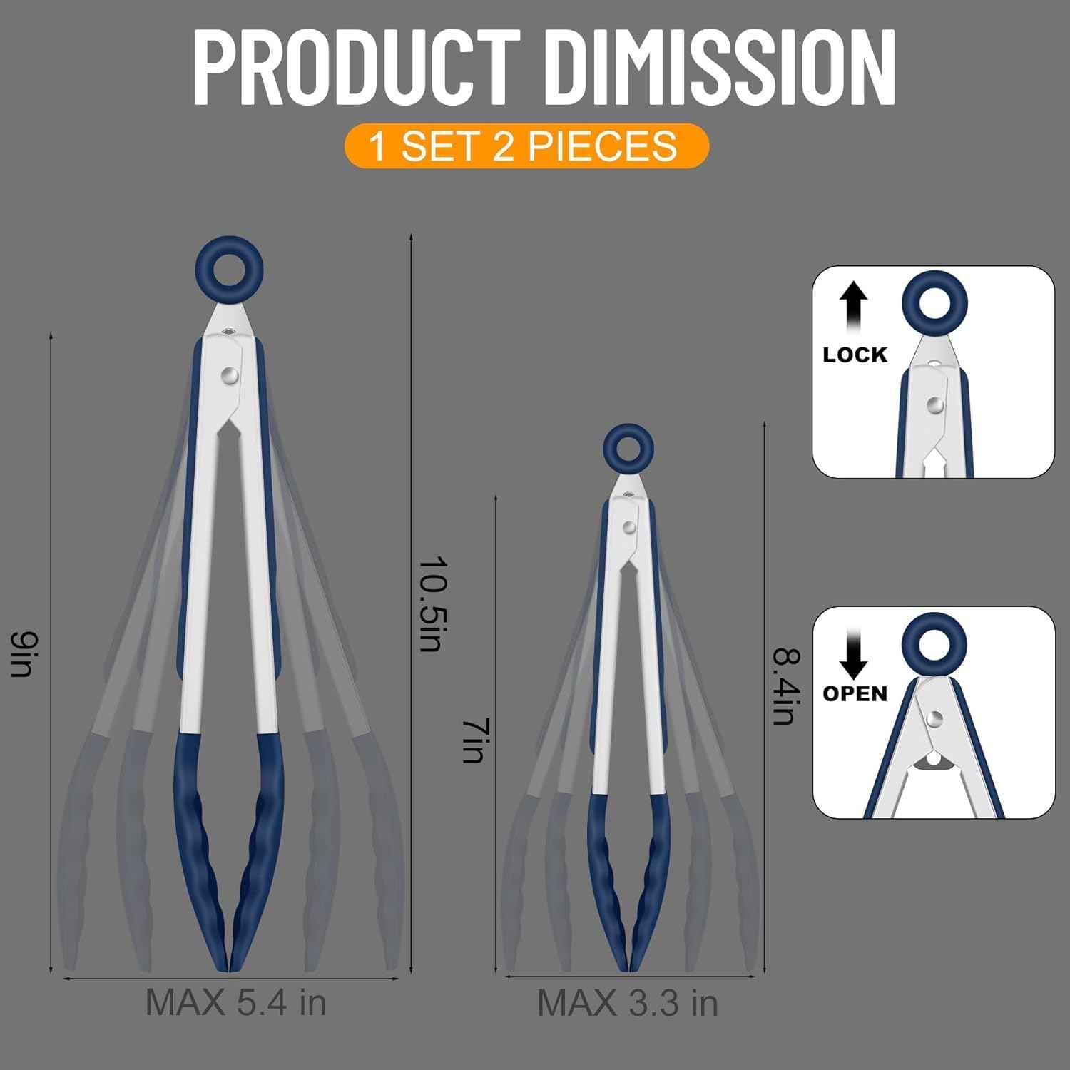 hotec premium stainless steel locking kitchen tongs set of 2, classic blue, 7 & 9 inch