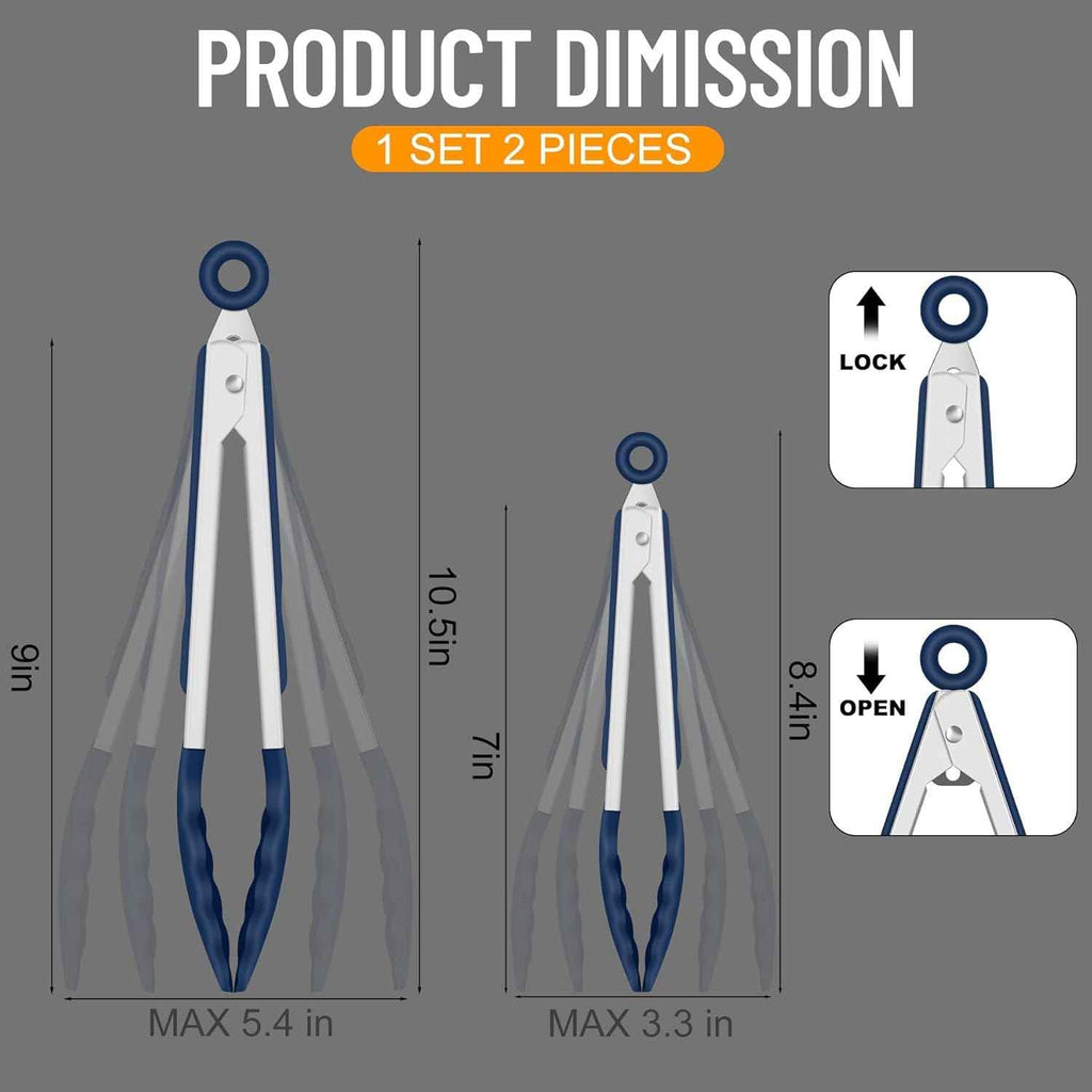 HOTEC Premium 7 & 9 Inch Kitchen Tongs, Stainless Steel Locking Cooking Tongs with Silicone Tips, Non-Scratch & Heat Resistant, Serving Tongs for Salad, BBQ, Classic Blue, Set of 2