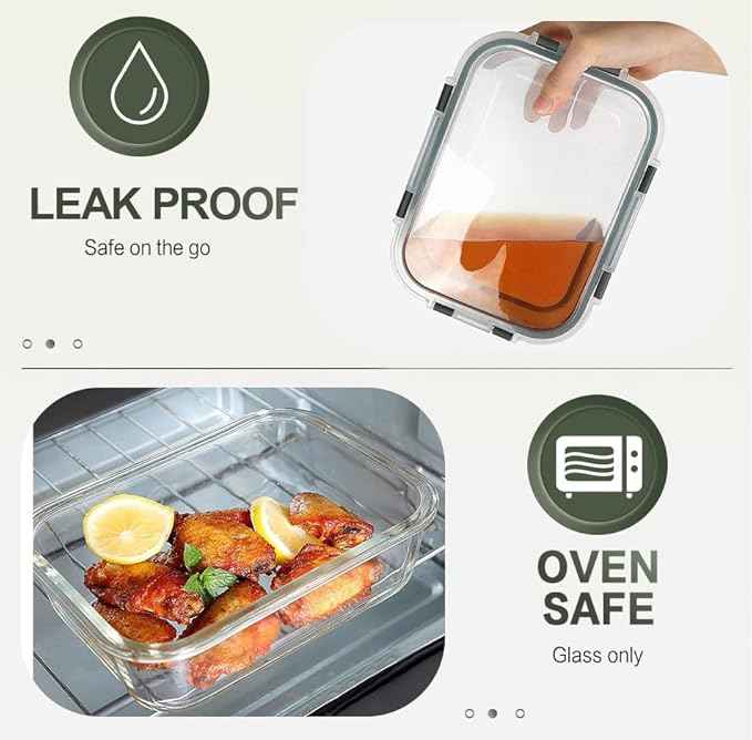 KOMUEE 10 Packs 30 oz Glass Meal Prep Containers,Glass Food Storage Containers with Lids,Airtight Lunch Bento Boxes,Microwave,Freezer and Dishwasher,Gray