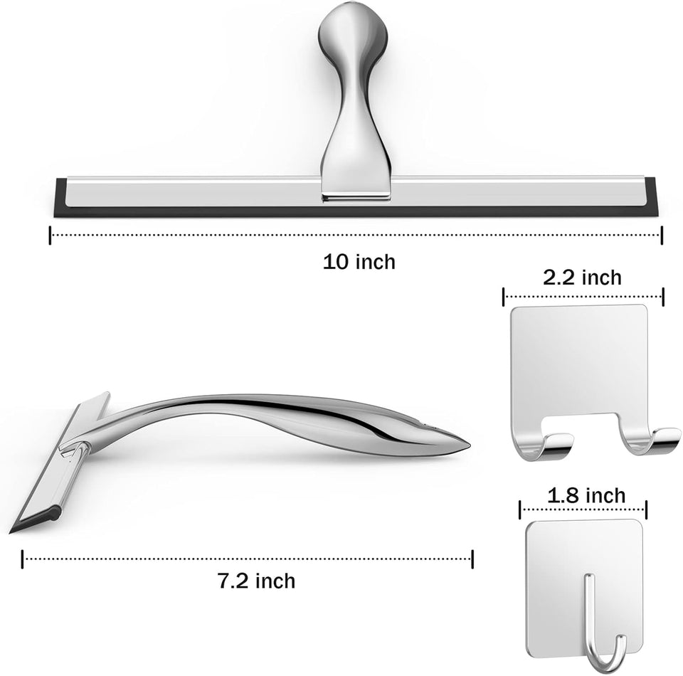 All-PLrpose Stainless Steel Shower Squeegee for Shower Glass Door with 2 Adhesive Hooks, Bathroom Cleaner Tool Household Window Mirror Squeegee , Cleaning Tile Wall, Car, 10 Inch Silver
