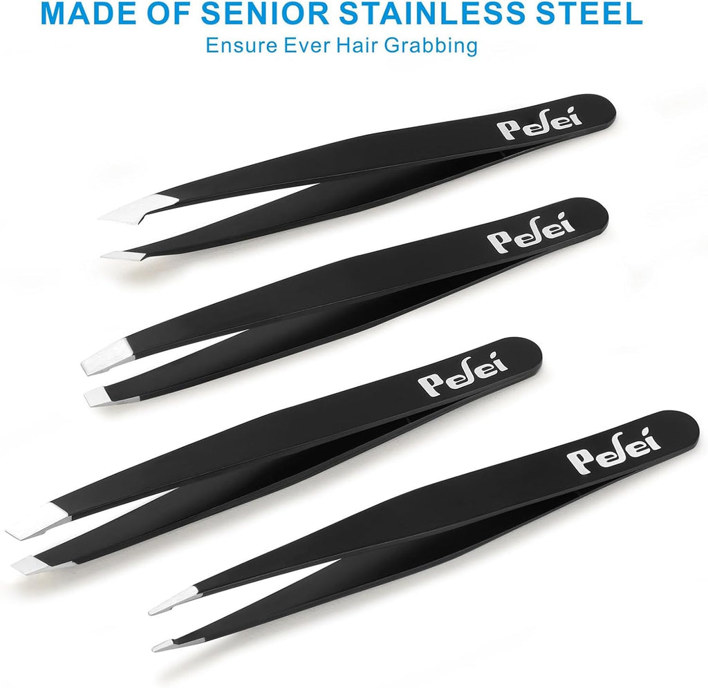 pefei professional stainless steel tweezers set for eyebrows facial hair removal black