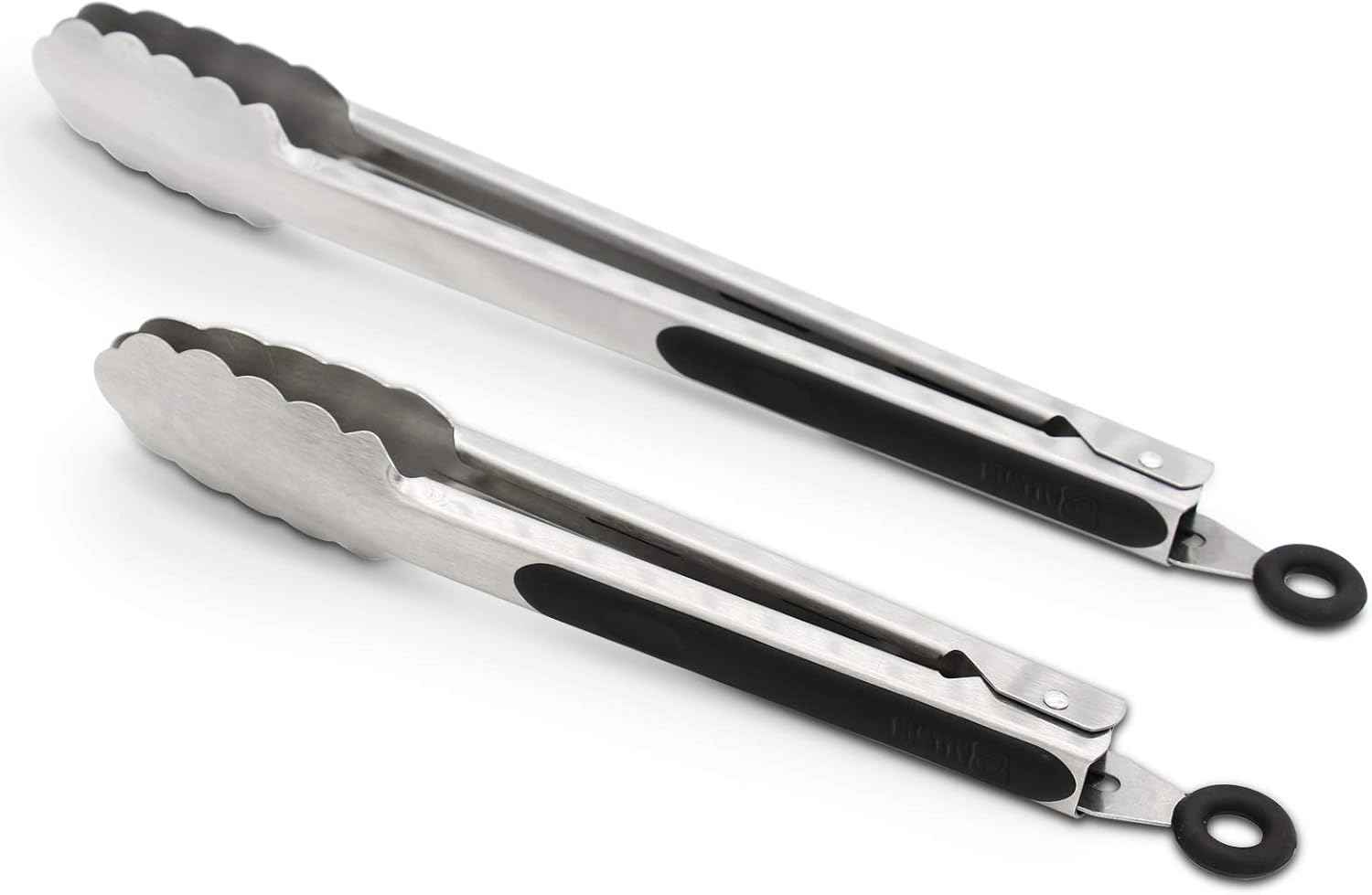304 Stainless Steel Tongs, 9" and 12" Set, Sturdy Grilling and Barbeque Tongs with Ergonomic Grip, Black