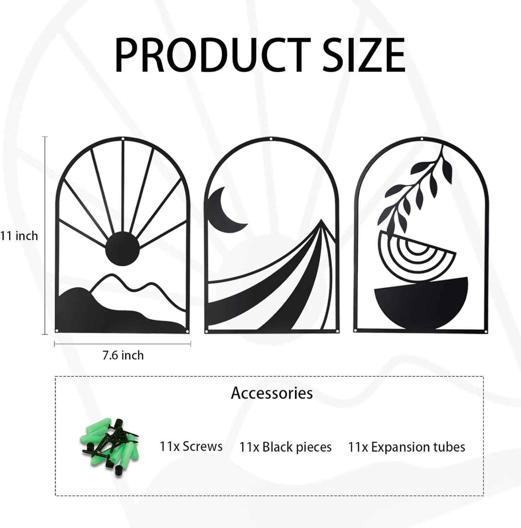 OYEFLY 3PCS Boho Metal Wall Decor, Black Metal Wall Art for Home Decor, Bohemian Style Wall Hanging