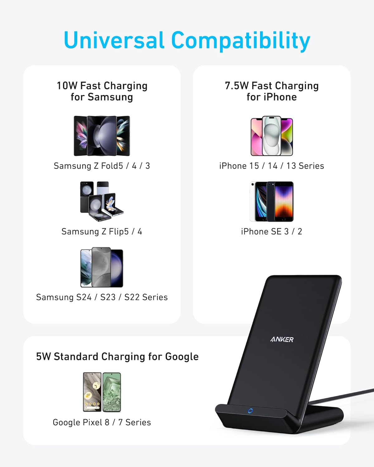 Anker 313 Wireless Charger (Stand), Qi-Certified for iPhone 17/17/17 Pro/17 Pro Max/15/14/13, 10W Fast-Charging Galaxy S23 S22 S21(No AC Adapter) - ShopUS