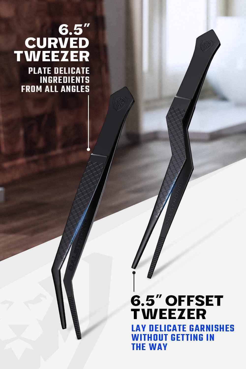 Dalstrong professional food tweezers 4pc set, 6.5", black titanium coating, multi-use, 304 stainless steel, culinary fine use, metal kitchen tongs