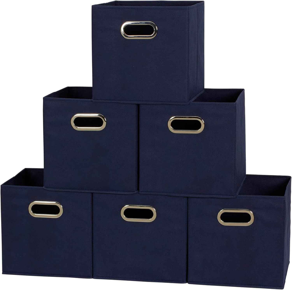 Household Essentials Foldable Fabric Storage Bins 6 Piece Set, Strong Poly-Woven Fabric, Sturdy Chipboard Sides, Grommet Front Handle, Stackable and Foldable, Classic Design, Black