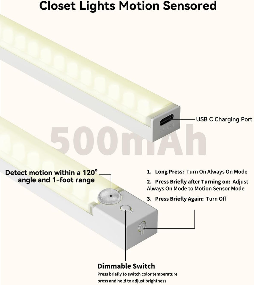Under Cabinet Lighting 8 Inches Rechargeable Motion Sensor Light Indoor, 3 Color Dimmable Closet Light Battery Operated, USB Stick on LED Magnetic Under Counter Lights for Kitchen Stair, 3 Packs