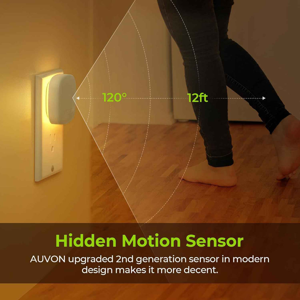 auvon plug-in led backlit night light with motion sensor and dusk to dawn sensor, warm white, adjustable brightness (4 pack)