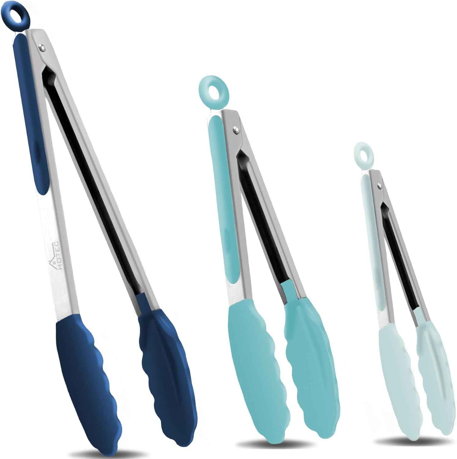 HOTEC Premium 7 & 9 Inch Kitchen Tongs, Stainless Steel Locking Cooking Tongs with Silicone Tips, Non-Scratch & Heat Resistant, Serving Tongs for Salad, BBQ, Classic Blue, Set of 2