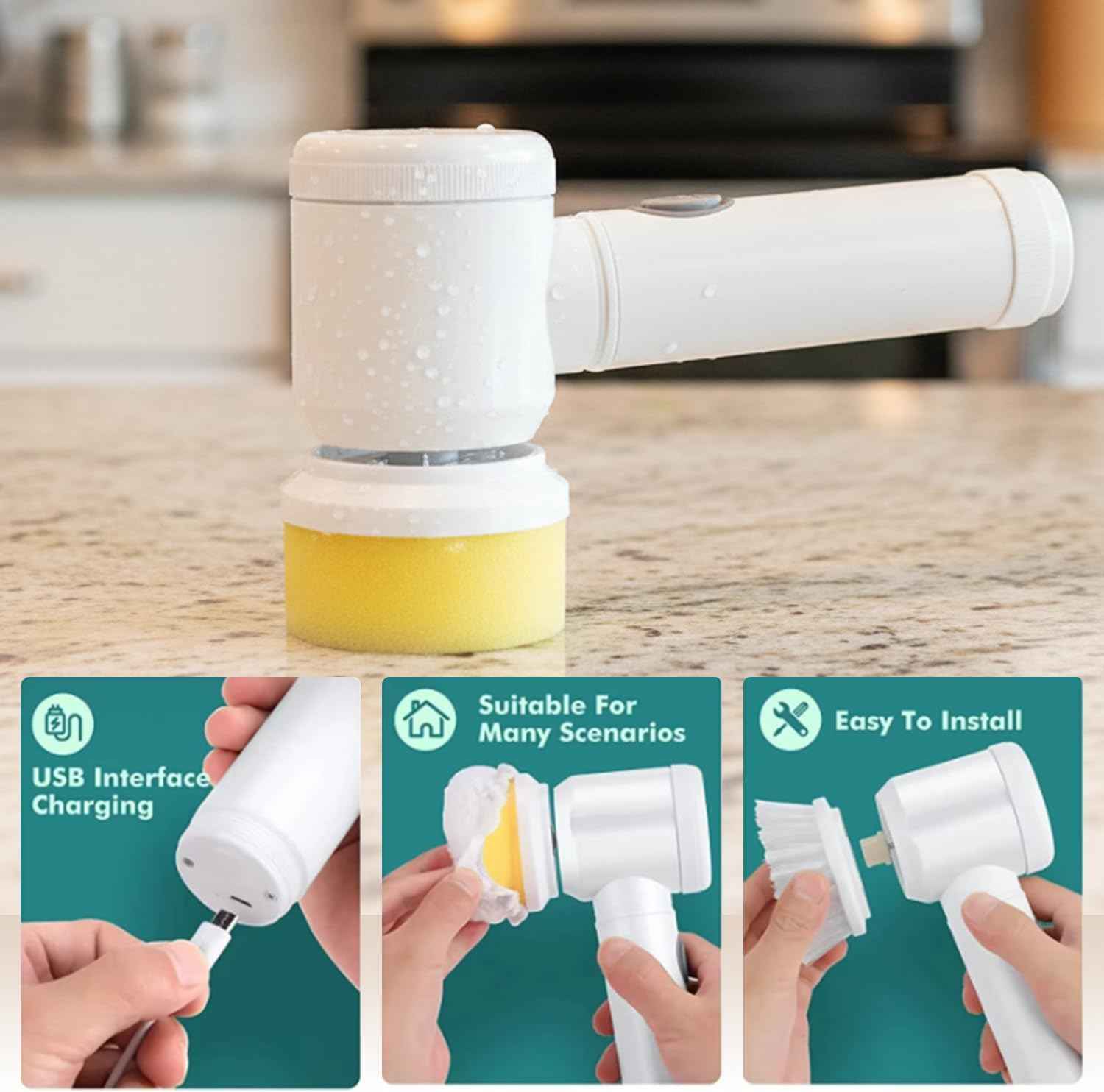 VIMALIFE Electric Spin Scrubber - Cordless, IPX6 Waterproof, 5 Replaceable Heads for Bathroom, Tiles, Car Wash, Kitchen Cleaning