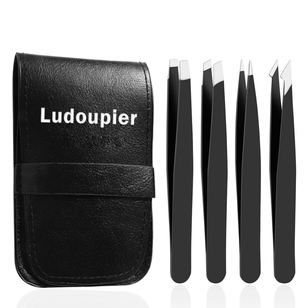 LUDOUPIER [4+1 Pieces] Tweezers Set with Travel Case, Great Precision Upgrade Professional Anti-rust Alloy Tweezers for Women & Men Multi-PLrpose as Eyebrows Facial Hair Ingrown Hair Removal