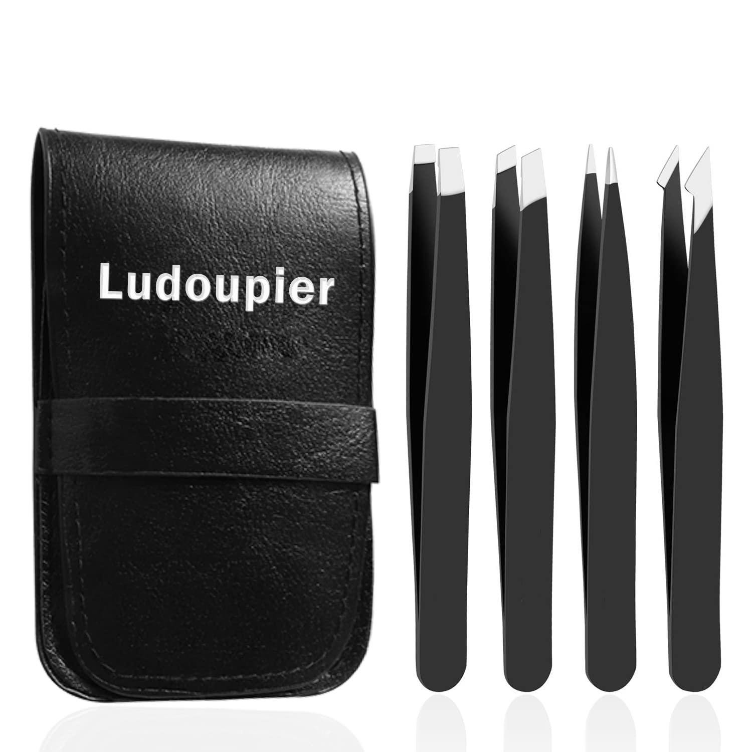 LUDOUPIER [4+1 Pieces] Tweezers Set with Travel Case, Great Precision Upgrade Professional Anti-rust Alloy Tweezers for Women & Men Multi-PLrpose as Eyebrows Facial Hair Ingrown Hair Removal