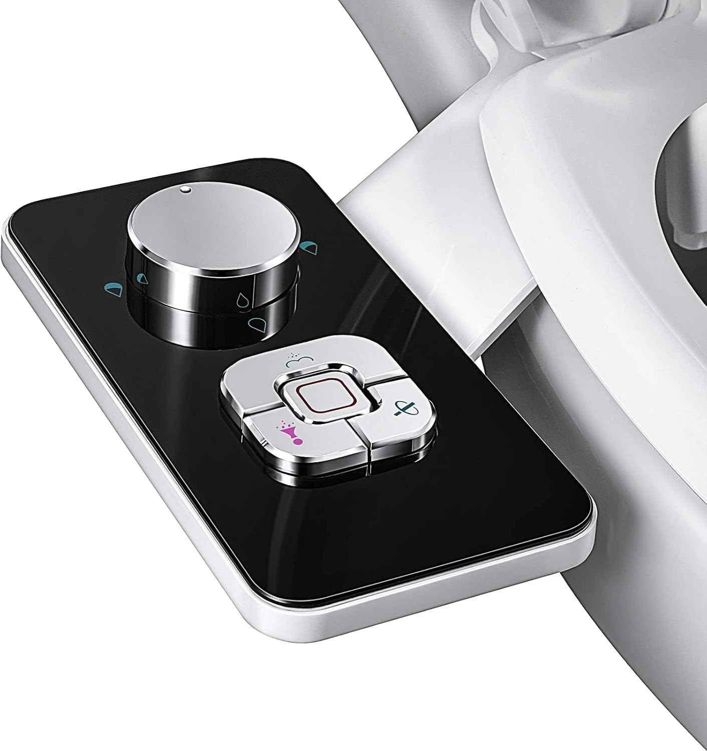 Samodra non-electric cold water bidet toilet seat attachment with pressure controls, retractable nozzles, black finish.